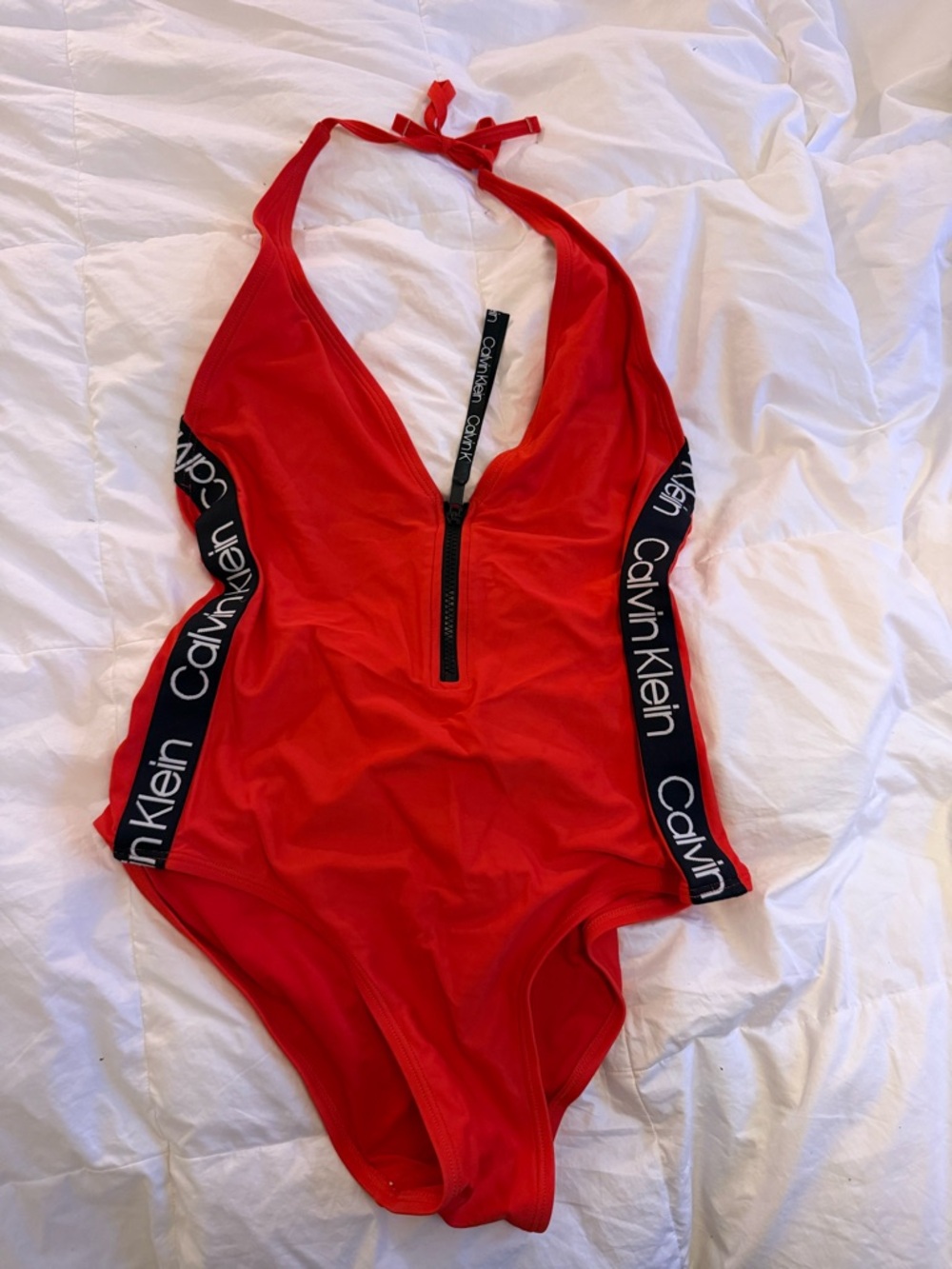 Calvin Klein Red Halter One-Piece Swimsuit with Black Logo Panels